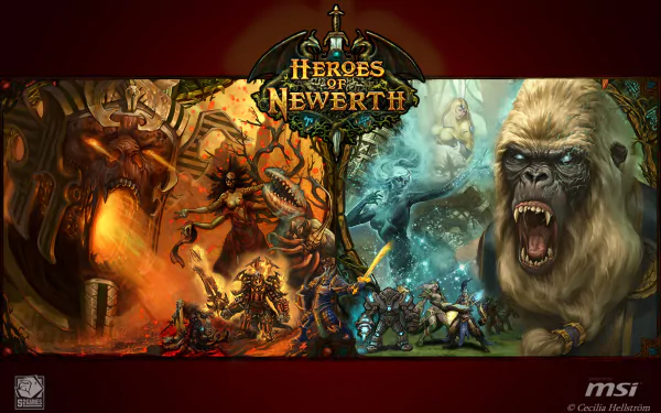 HD PC desktop wallpaper of Heroes of Newerth video game: heroic warriors clash with fiery demons and icy creatures, a roaring giant ape dominates the right.