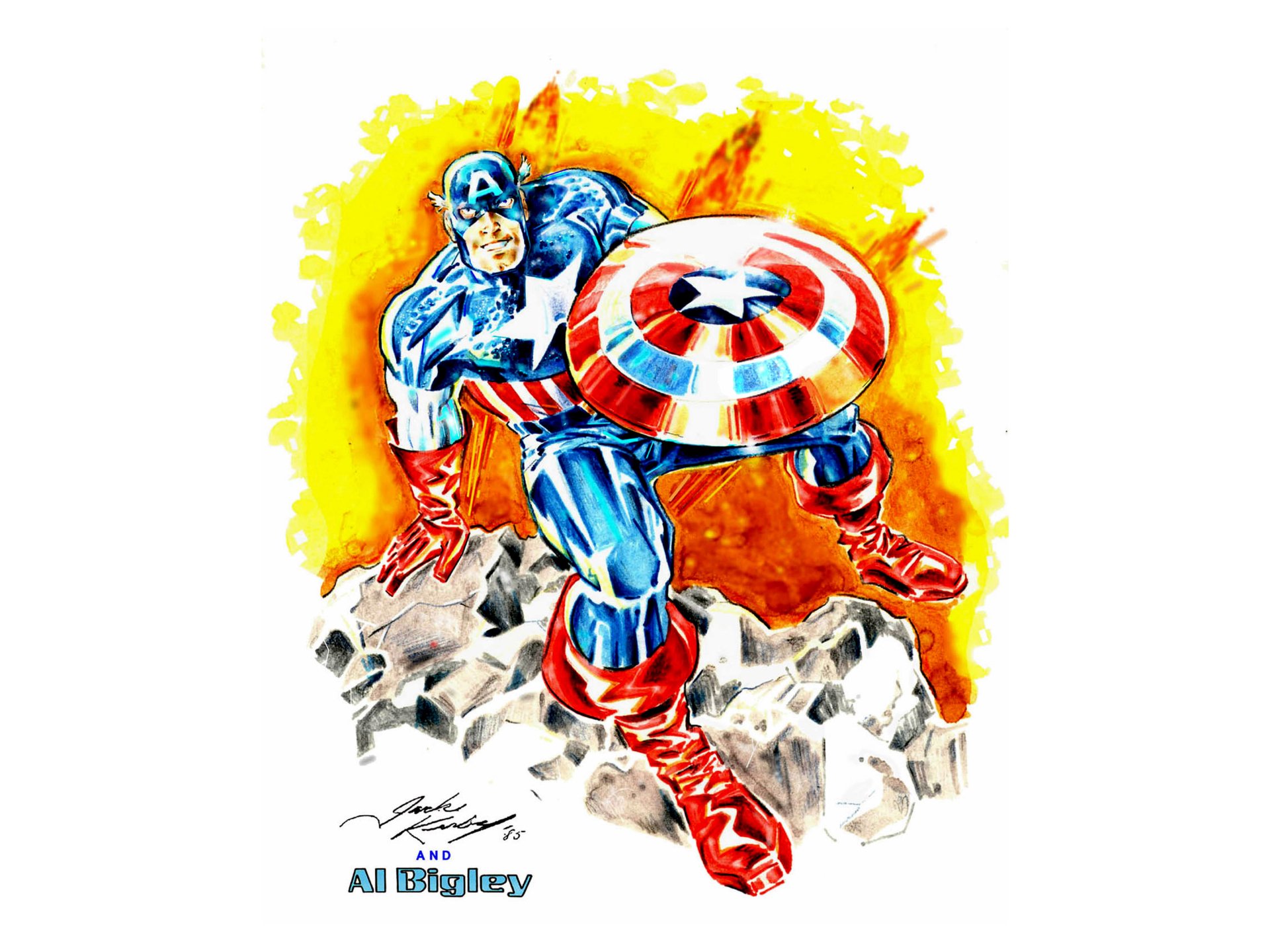 A vibrant comic-style image of Captain America, showcasing the hero in action with his iconic shield against a fiery background, suitable as a 4K Ultra HD desktop wallpaper.