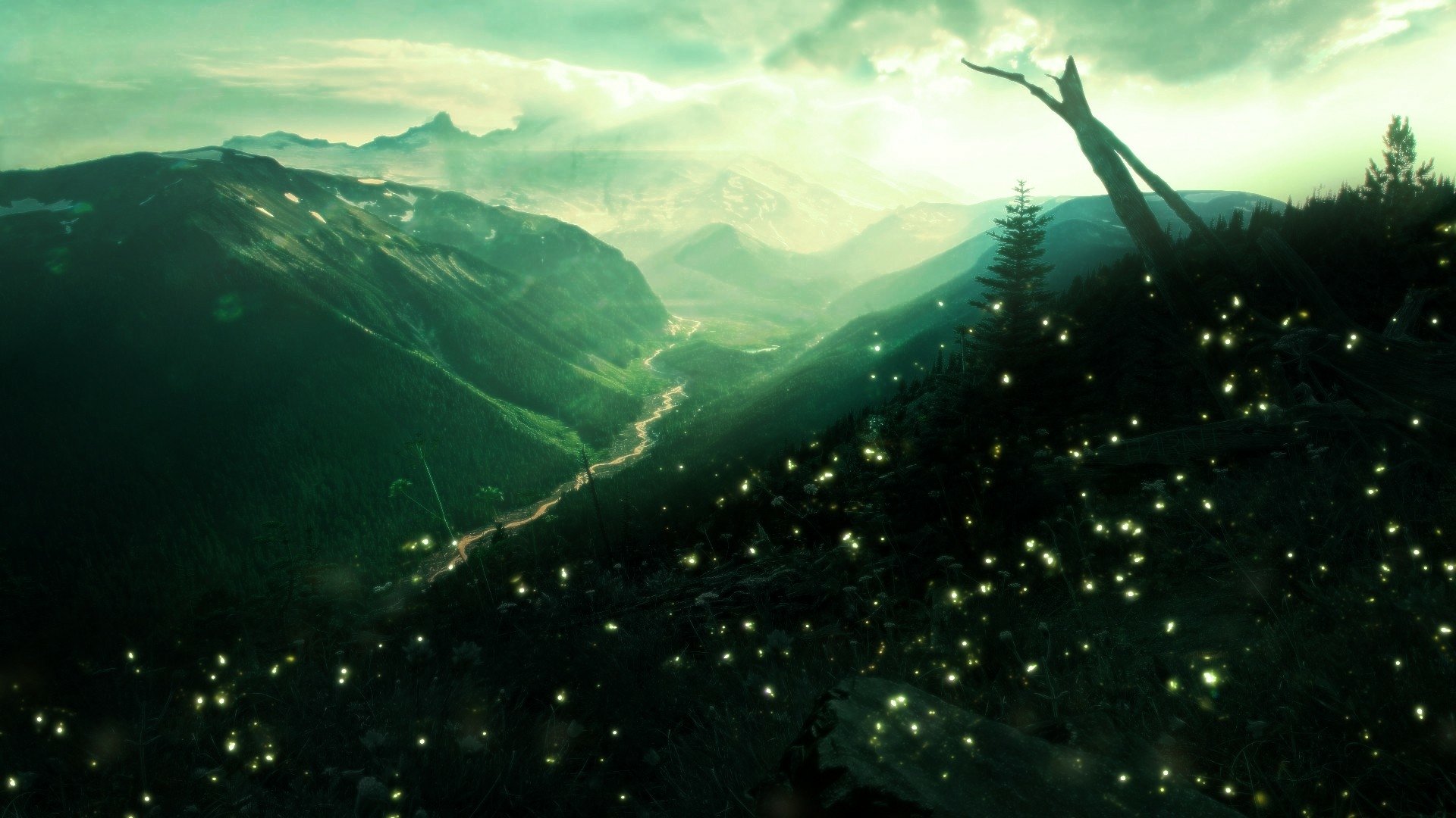 HD desktop wallpaper of a mystical fantasy landscape featuring glowing lights over a mountainous terrain, set in a serene, green-toned atmosphere.