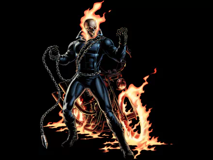 Comic-inspired 4K Ultra HD desktop wallpaper featuring Ghost Rider, depicted with a flaming head, chained fist, and a fiery motorcycle against a dark background.