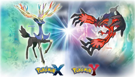 A vibrant HD wallpaper featuring legendary Pokémon Xerneas and Yveltal from Pokémon: X and Y, set against a mystical background with dynamic light effects.