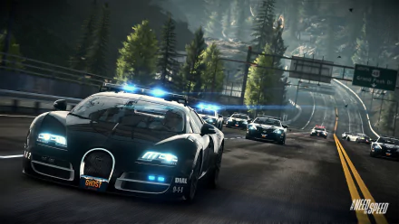 HD PC desktop wallpaper from the video game Need for Speed: Rivals, featuring high-speed police chase on a forested highway at dusk.