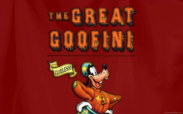 HD PC desktop wallpaper featuring Disney's Goofy dressed as a superhero with The Great Goofini text in bold, colorful letters against a red background.
