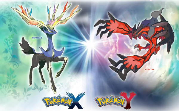 A vibrant HD wallpaper featuring legendary Pokémon Xerneas and Yveltal from Pokémon: X and Y, set against a mystical background with dynamic light effects.