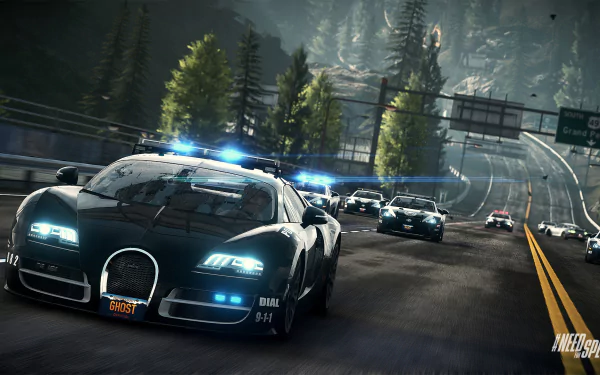 HD PC desktop wallpaper from the video game Need for Speed: Rivals, featuring high-speed police chase on a forested highway at dusk.