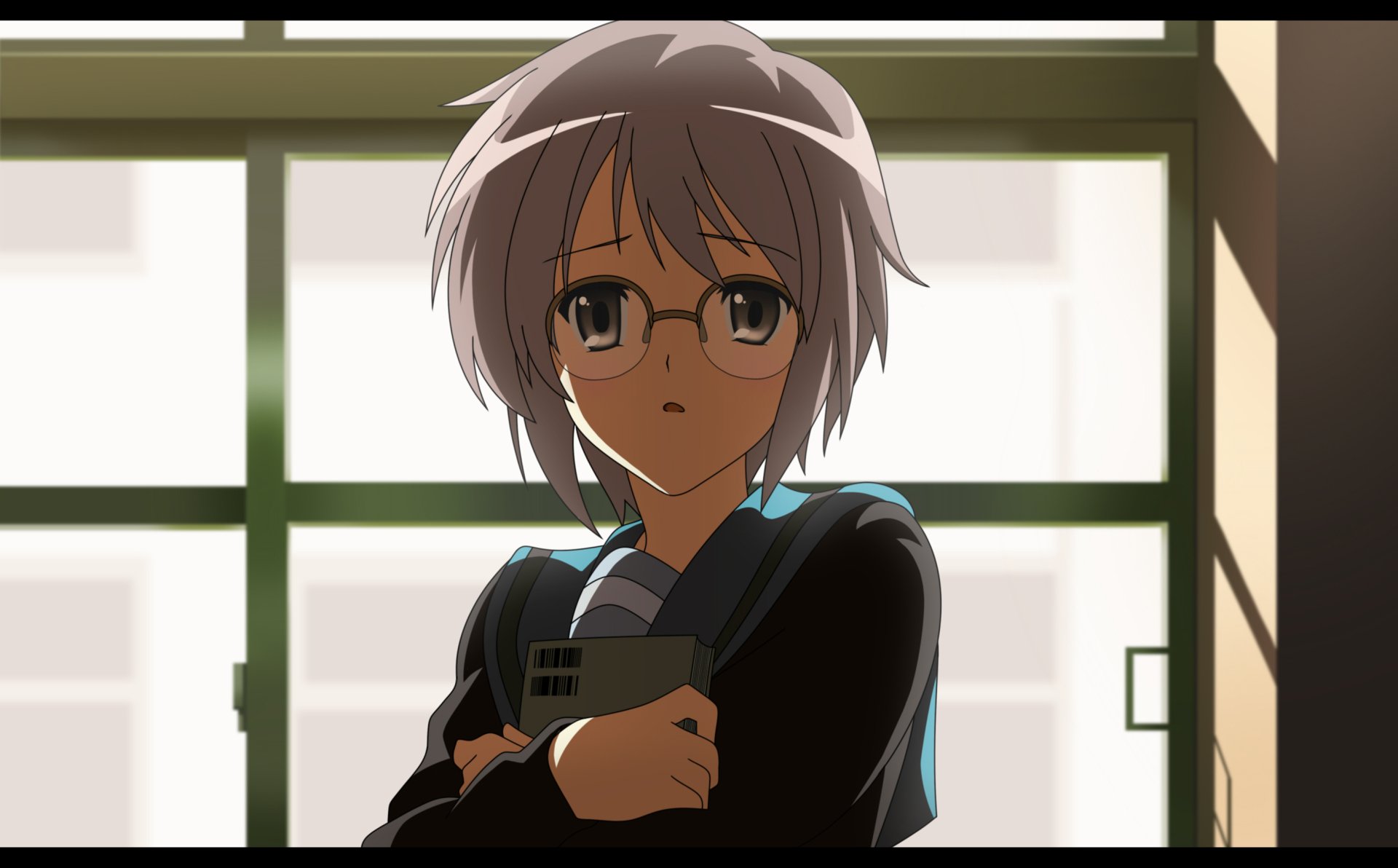 Yuki Nagato from The Melancholy of Haruhi Suzumiya, wearing glasses and a school uniform, clutching a bag by a sunlit classroom window — 2K Quad HD anime PC desktop wallpaper/background.