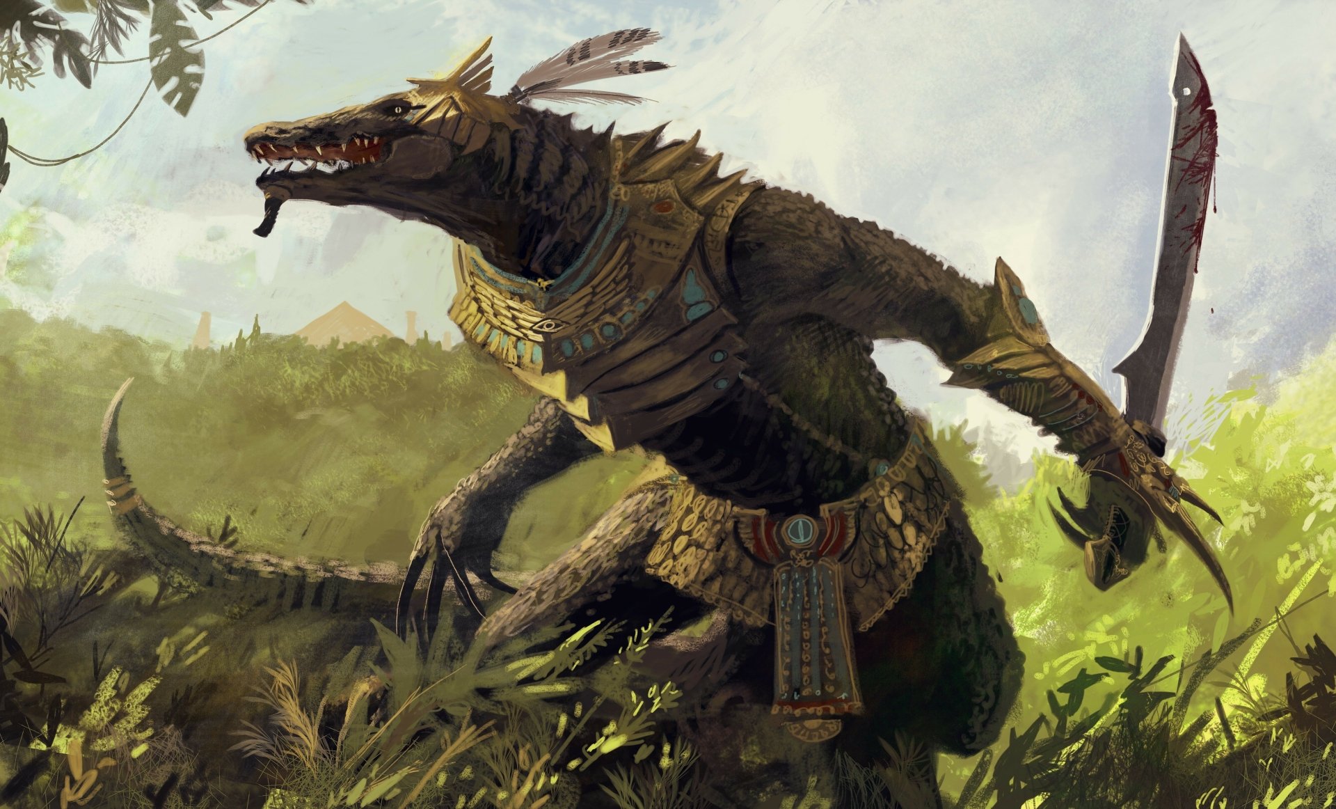 A fierce fantasy warrior creature stands poised in a vibrant jungle, adorned with intricate armor and wielding a jagged sword, embodying the spirit of adventure and imagination.