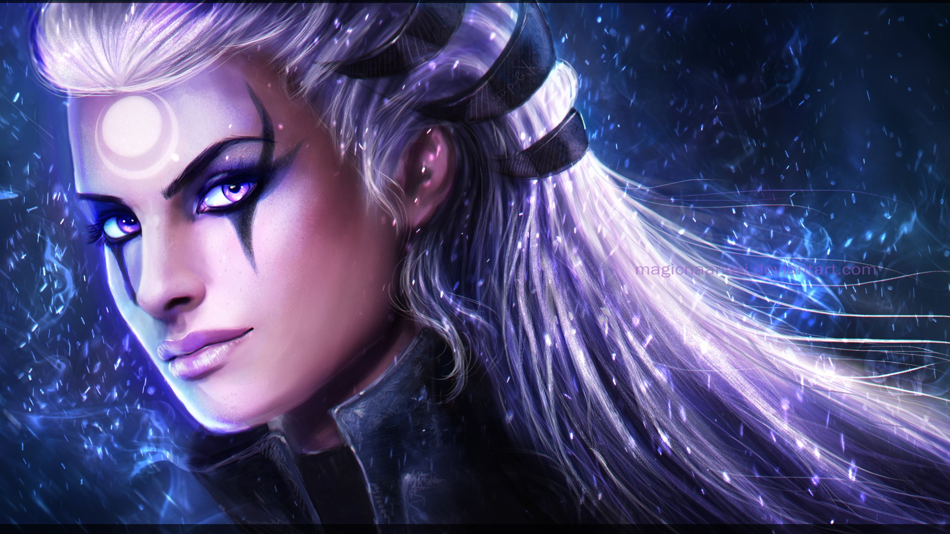 HD PC desktop wallpaper featuring Diana from League of Legends with glowing eyes and ethereal light effects, set in the mystical world of Targon.