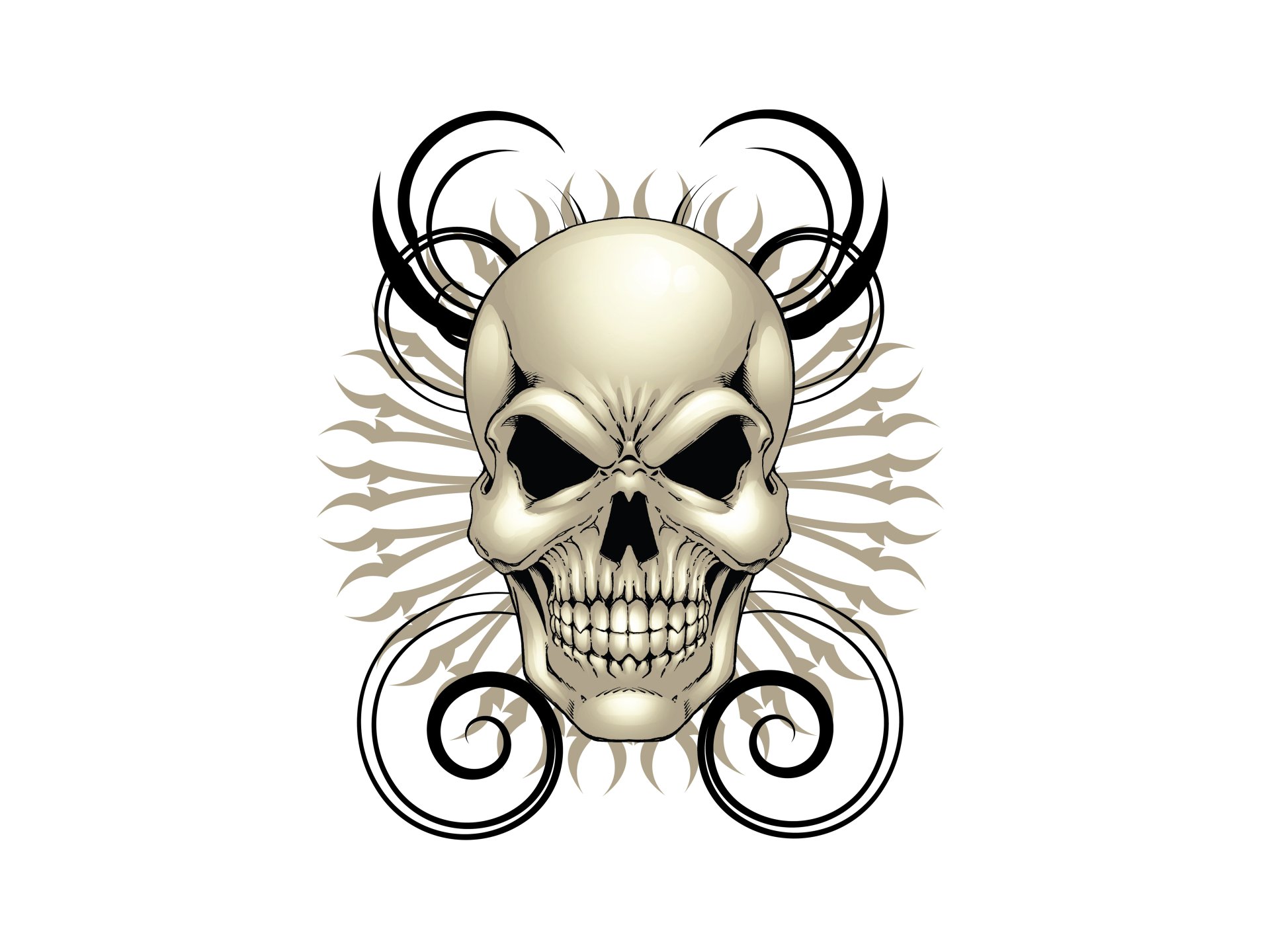 A striking white skull with dark swirls and tribal elements, rendered in 4K Ultra HD as a detailed PC desktop wallpaper background.