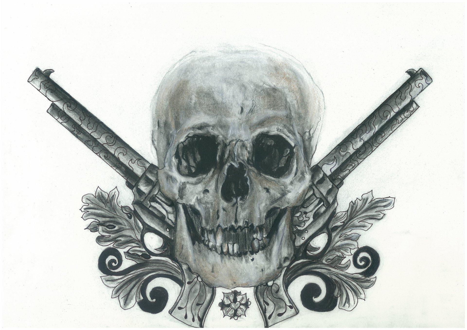 A dark-themed 4K Ultra HD PC desktop wallpaper featuring a detailed skull with crossed pistols and ornamental designs in grayscale.