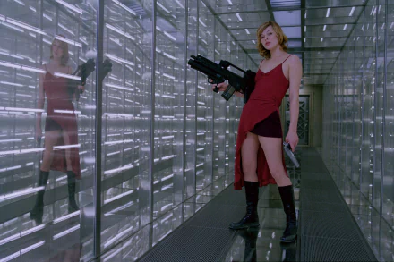 HD wallpaper featuring a scene from the movie Resident Evil with a character holding a large gun, standing in a high-tech hallway.