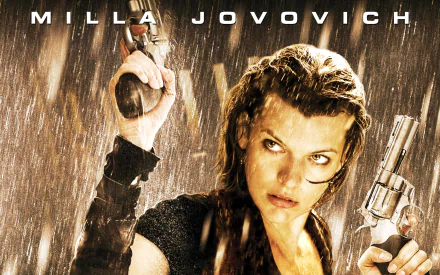 A high-definition desktop wallpaper featuring Milla Jovovich as she portrays a fierce character from Resident Evil: Afterlife, guns drawn and set against a dramatic rain backdrop.