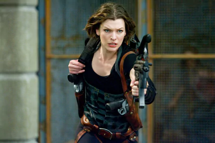 A high-definition wallpaper featuring Milla Jovovich in an action pose from the movie Resident Evil: Afterlife, showcasing her intense expression and armed readiness.