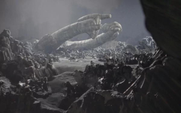 4K Ultra HD movie wallpaper depicting a dark, alien landscape with massive, alien bone-like structures towering over a rocky terrain.
