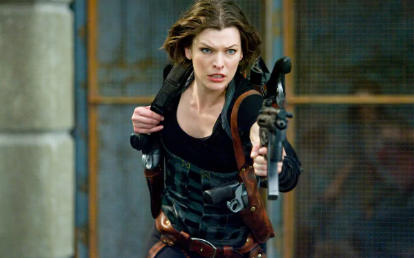 A high-definition wallpaper featuring Milla Jovovich in an action pose from the movie Resident Evil: Afterlife, showcasing her intense expression and armed readiness.