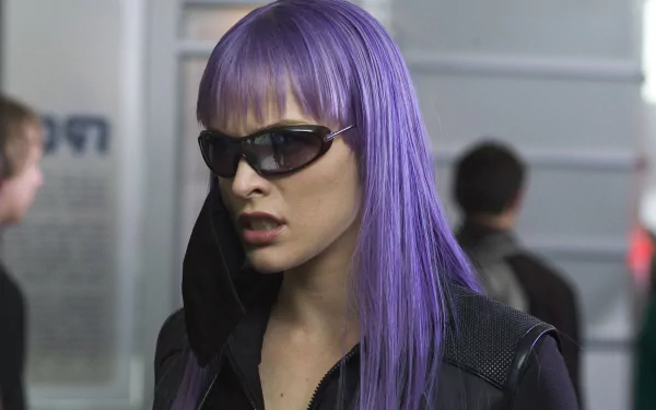 HD desktop wallpaper featuring Milla Jovovich as her character from the movie Ultraviolet, wearing purple hair and dark sunglasses in a futuristic setting.