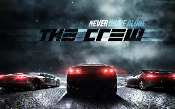 HD PC desktop wallpaper featuring three sports cars on a wet road with the text Never Drive Alone and The Crew from the video game The Crew.