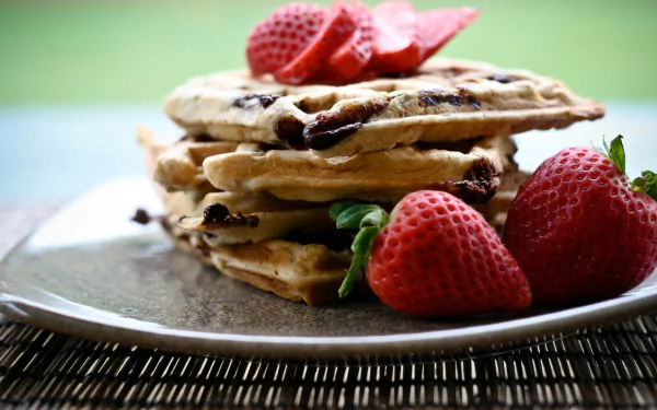 HD desktop wallpaper featuring a stack of chocolate chip waffles topped with fresh strawberries on a plate, highlighting delicious food and waffle textures.