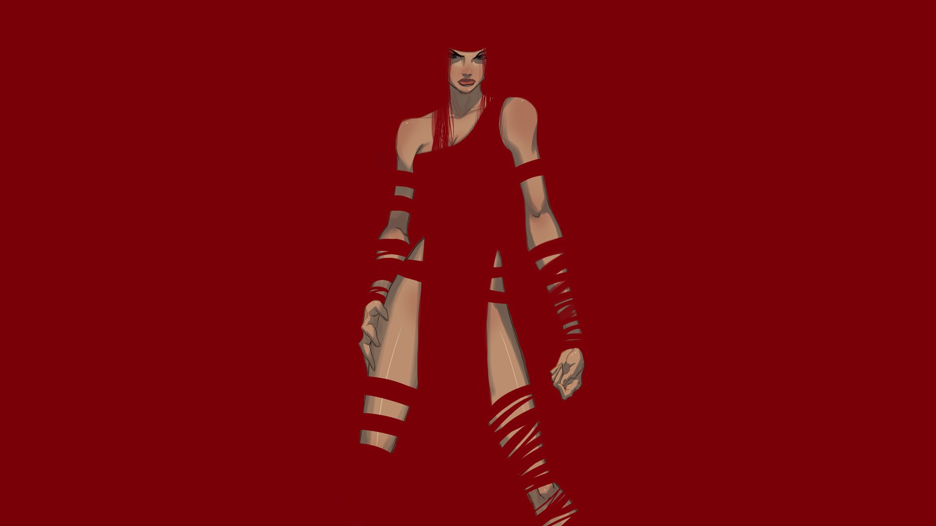 Elektra (Marvel Comics) in a revealing red costume with bandage-like wrappings, posed center on a solid crimson backdrop — comic-style HD PC desktop wallpaper and background.