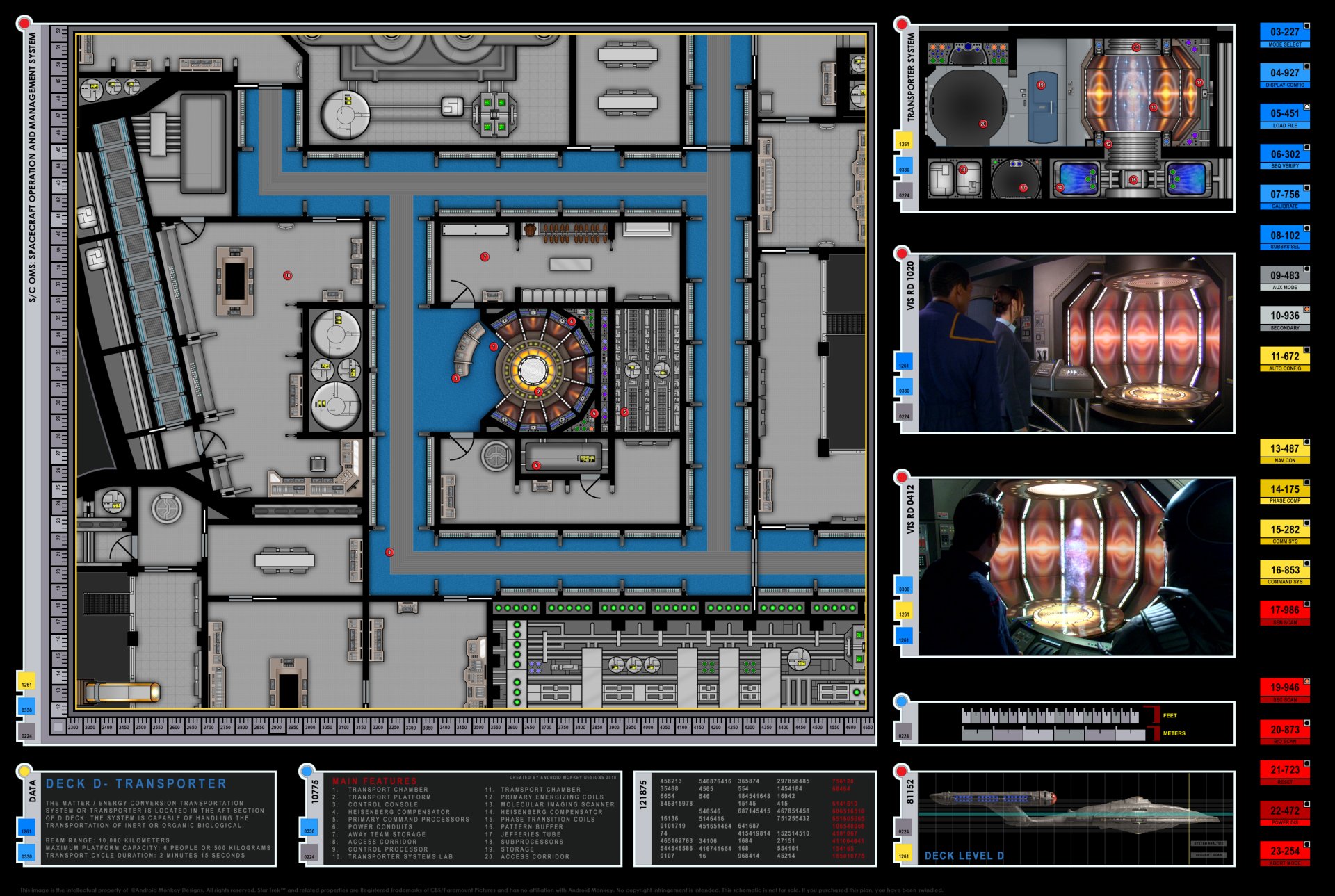 Star Trek: The Original Series 2K Quad HD PC wallpaper showing a starship deck schematic with transporter chamber images and control-panel readouts in a technical sci‑fi interface.
