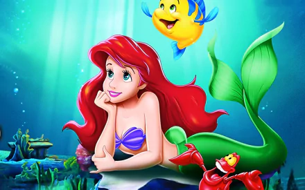A vibrant scene from *The Little Mermaid* featuring Ariel lounging with her friend Flounder, surrounded by underwater beauty, highlighting their enchanting underwater world.