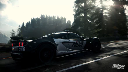 HD PC desktop wallpaper featuring a sleek police car racing through a forested road from the video game Need For Speed: Rivals.
