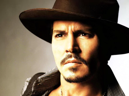 A striking HD desktop wallpaper featuring Johnny Depp in a serious pose, wearing a wide-brimmed hat, showcasing his signature style and captivating presence.