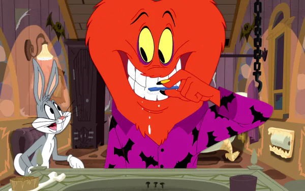 Bugs Bunny interacts with a colorful character in a scene from The Looney Tunes Show, depicted in a vibrant HD desktop wallpaper style.