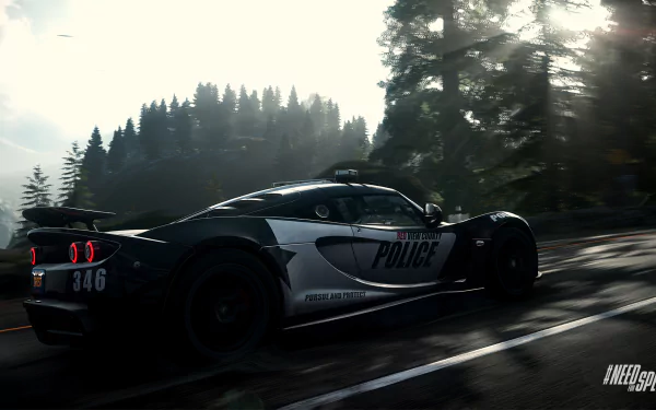 HD PC desktop wallpaper featuring a sleek police car racing through a forested road from the video game Need For Speed: Rivals.