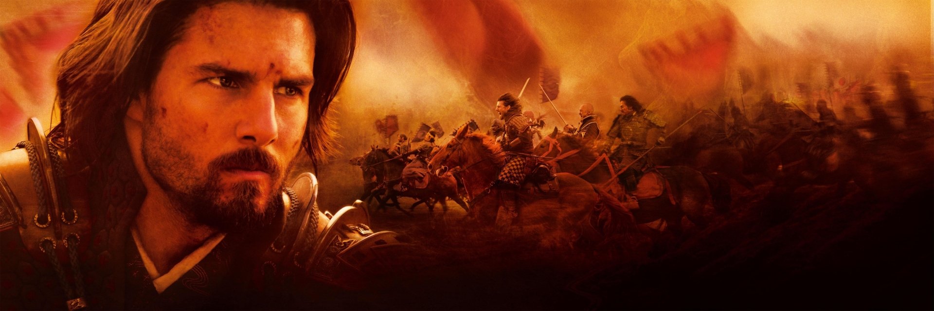 A dramatic high-definition wallpaper from the movie The Last Samurai, showcasing a warrior in the foreground against a backdrop of intense cavalry action.