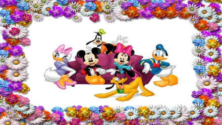 HD desktop wallpaper featuring Disney characters Mickey, Minnie, Goofy, Donald, and Pluto framed by colorful flowers.