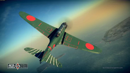 HD PC desktop wallpaper featuring a vivid War Thunder video game scene of a green fighter plane soaring above clouds during sunset.