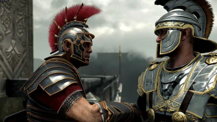 HD PC desktop wallpaper from the video game Ryse: Son of Rome, featuring two armored Roman warriors facing each other against a cloudy sky backdrop.