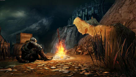 HD PC desktop wallpaper featuring a Dark Souls II scene with a knight resting by a campfire near a towering fortress under a moody night sky.