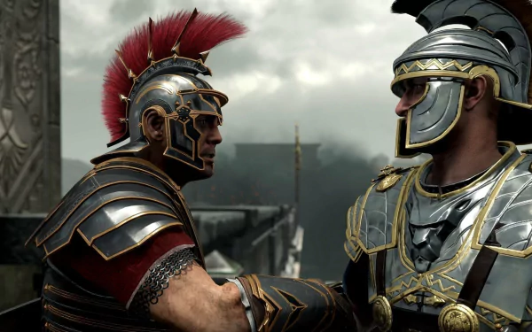 HD PC desktop wallpaper from the video game Ryse: Son of Rome, featuring two armored Roman warriors facing each other against a cloudy sky backdrop.