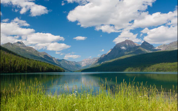 Scenic HD desktop wallpaper of Lake McDonald featuring a tranquil lake, lush green landscape, blue sky with clouds, and distant mountains under the sun.