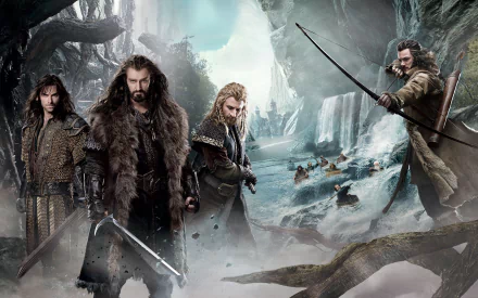 HD desktop wallpaper featuring Thorin Oakenshield and companions from the movie The Hobbit: The Desolation of Smaug, set in a misty, icy landscape with a river and boats.