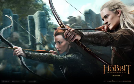 A dynamic scene from *The Hobbit: The Desolation of Smaug*, featuring two archers ready for action. This HD wallpaper captures the epic atmosphere of the film.
