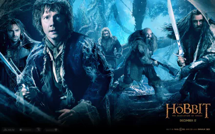 HD PC desktop wallpaper for the movie The Hobbit: The Desolation Of Smaug — hobbit and dwarves in a blue, snowy forest with swords drawn.