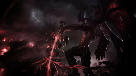 HD PC desktop wallpaper featuring Aatrox from League of Legends, showcasing the dark, menacing warrior with glowing red accents in a dramatic video game scene.