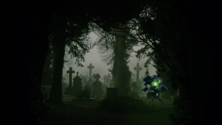 Dark cemetery scene shrouded in mist with silhouetted crosses and eerie green light, captured as an HD PC desktop wallpaper and background.