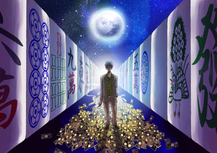 HD PC desktop wallpaper showing a man-made mahjong corridor of giant tiles, a lone figure standing atop scattered gold coins beneath a luminous moon and starry sky.