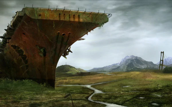 HD desktop wallpaper depicting a post-apocalyptic scene with a large, rusted shipwreck on a desolate landscape under a cloudy sky.