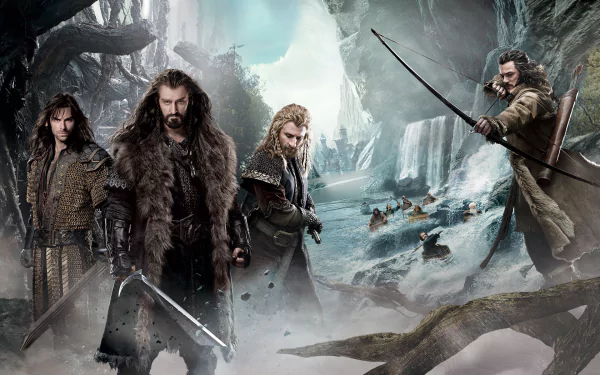 HD desktop wallpaper featuring Thorin Oakenshield and companions from the movie The Hobbit: The Desolation of Smaug, set in a misty, icy landscape with a river and boats.