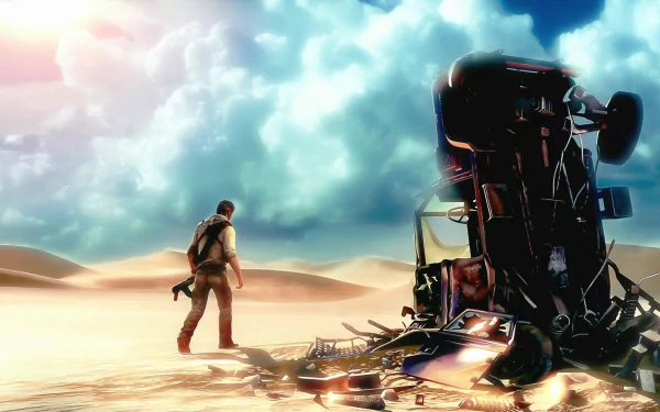 Nathan Drake stands in a vast desert, examining a crashed vehicle under a dramatic sky. This HD wallpaper captures a moment from the video game Uncharted 3: Drake's Deception.