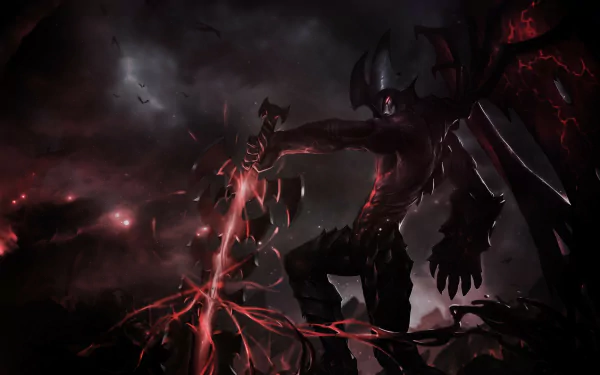 HD PC desktop wallpaper featuring Aatrox from League of Legends, showcasing the dark, menacing warrior with glowing red accents in a dramatic video game scene.