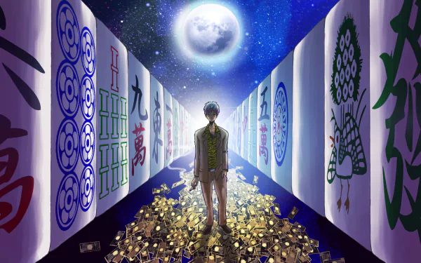HD PC desktop wallpaper showing a man-made mahjong corridor of giant tiles, a lone figure standing atop scattered gold coins beneath a luminous moon and starry sky.