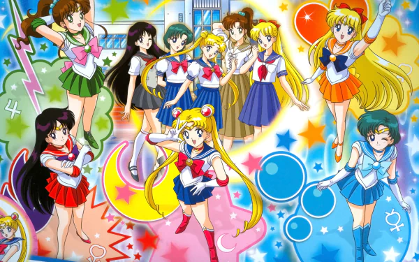 Colorful HD wallpaper featuring characters from the anime Sailor Moon, showcasing iconic heroes in vibrant outfits against a playful, starry background.