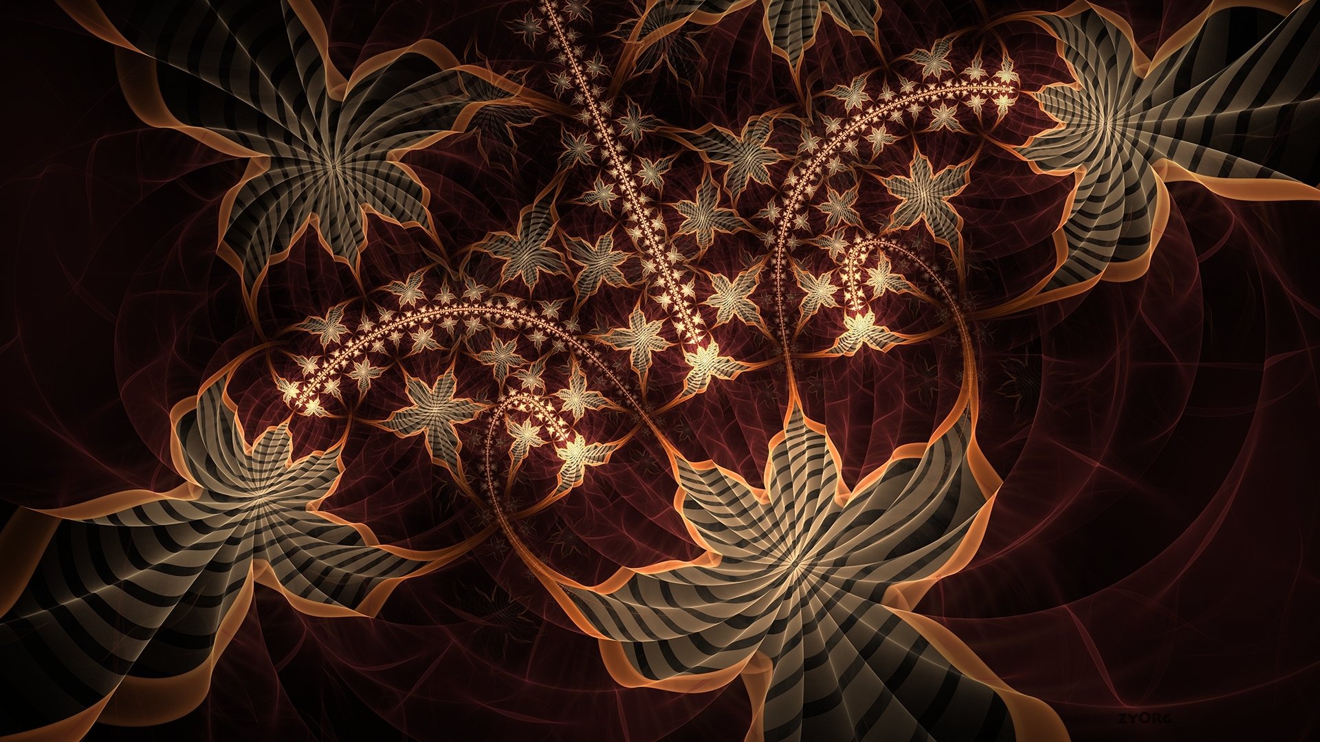 Abstract fractal design with intricate, glowing floral patterns in warm tones, showcased as a high-definition PC desktop wallpaper and background.
