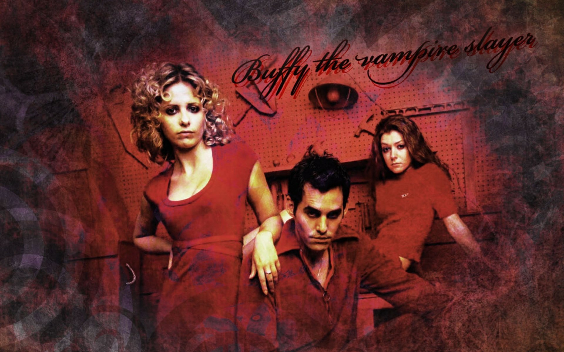 HD desktop wallpaper featuring main characters from the TV show Buffy the Vampire Slayer with a dark, textured red background and the show's title in script.